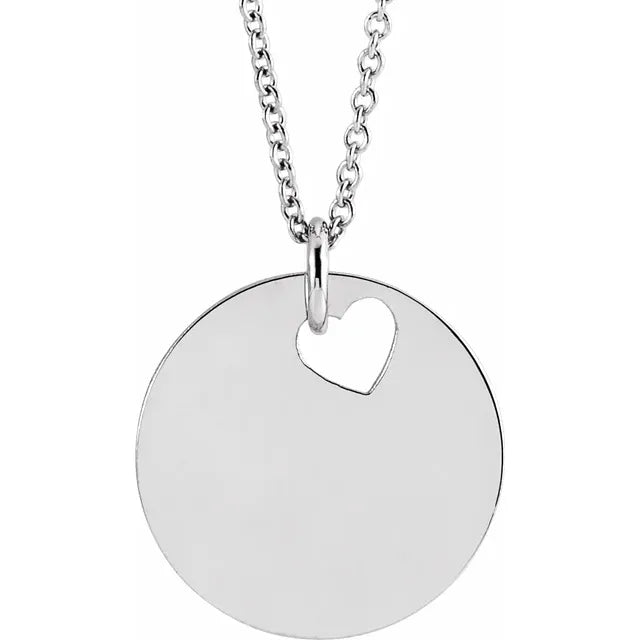 14K White Pierced Heart 15 mm Disc 16-18" Necklace - Luvona