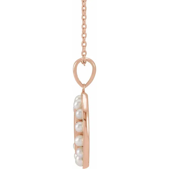 14K Rose Cultured White Seed Pearl Engravable Halo-Style 16-18" Necklace Side View  - Luvona