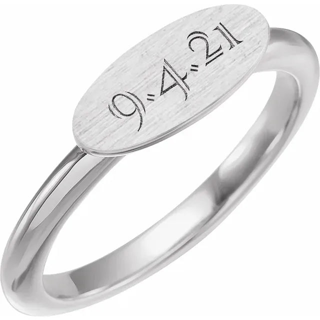 13x5 mm Oval Signet Ring Horizontal Style White Gold Engraving