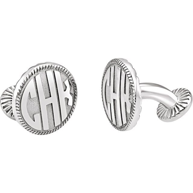 Sterling Silver 16.5 mm 3-Letter Block Monogram Cuff Links with Rope Border - Luvona