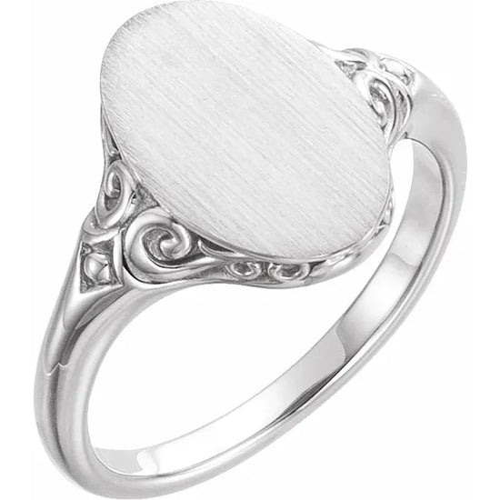 14K Rose 13x9 mm Oval Signet Ring White Gold Top View- Luvona