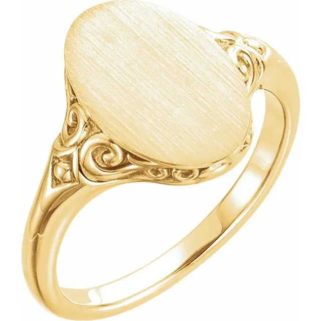 14K Rose 13x9 mm Oval Signet Ring Yellow Gold Top View- Luvona