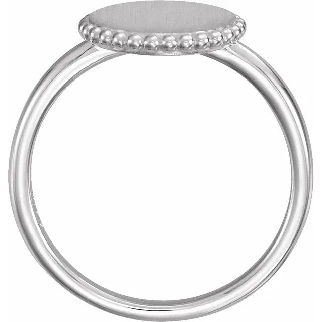 14K White Gold Engravable Beaded Ladies Signet Ring