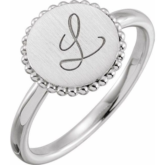 14K White Engravable Beaded Ring - Luvona