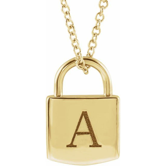 14K Yellow 12x8 mm Engravable Lock with Adustable 16-18" Necklace - Luvona