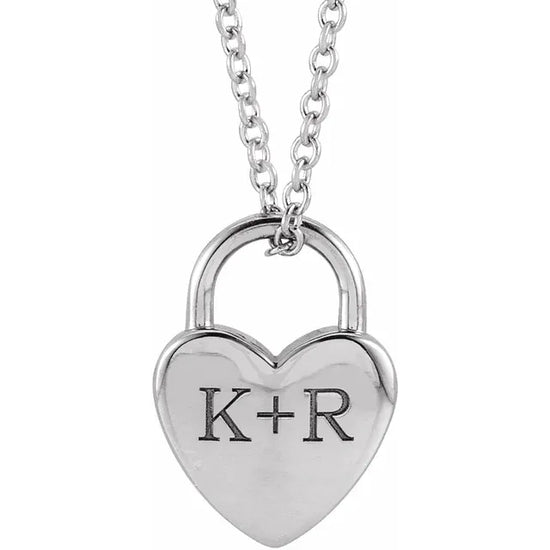 14K Rose Engravable Heart Lock 16-18" Necklace White Gold - Luvona