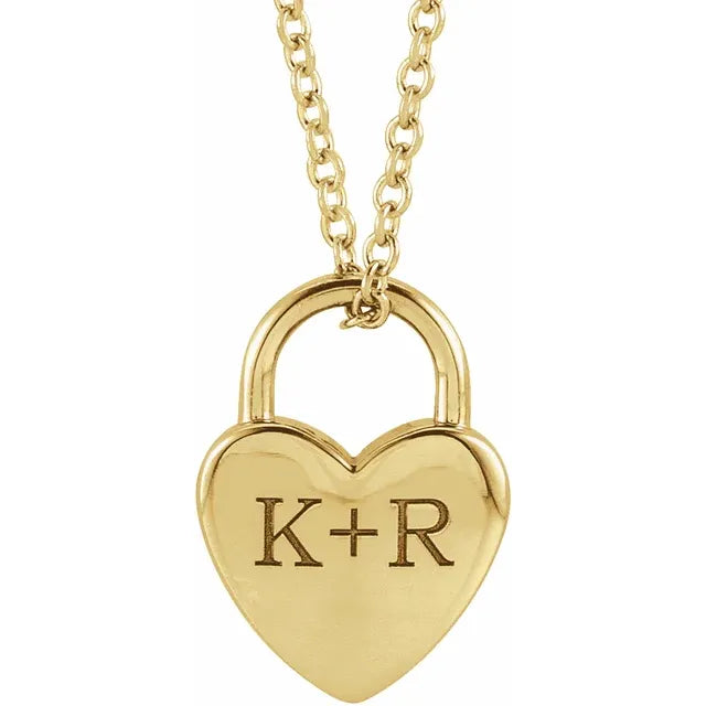 14K Rose Engravable Heart Lock 16-18" Necklace Yellow Gold - Luvona