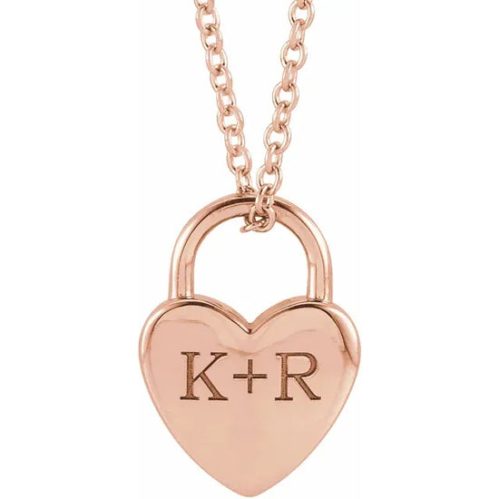 14K Rose Engravable Heart Lock 16-18" Necklace Engravable - Luvona