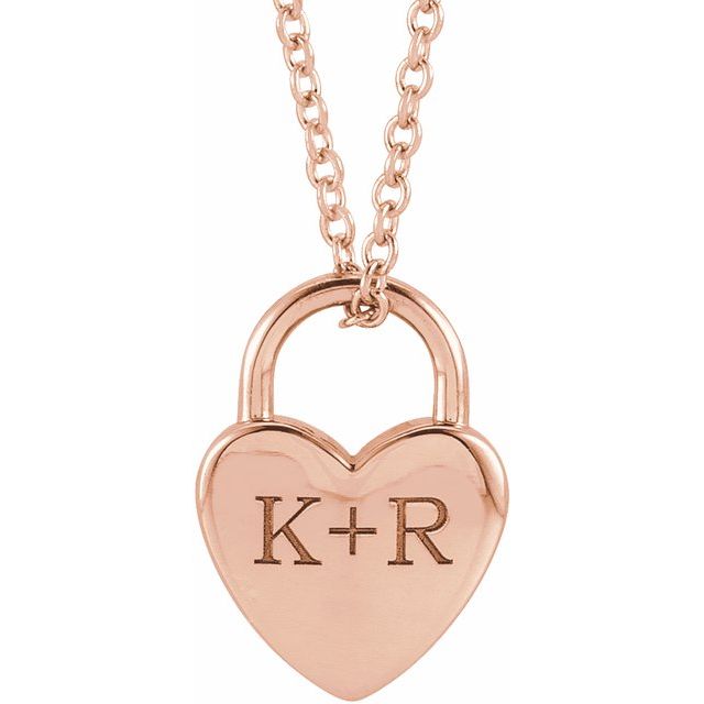 14K Rose Engravable Heart Lock 16-18" Necklace Rose Gold  - Luvona