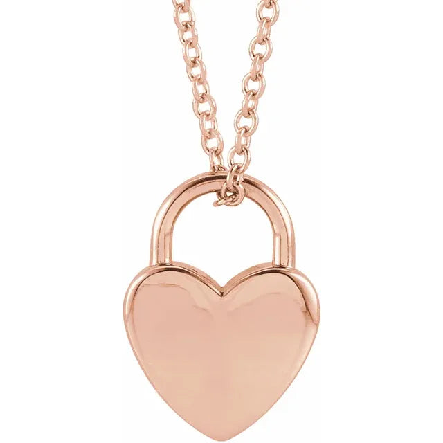 14K Rose Engravable Heart Lock 16-18" Necklace Back View - Luvona