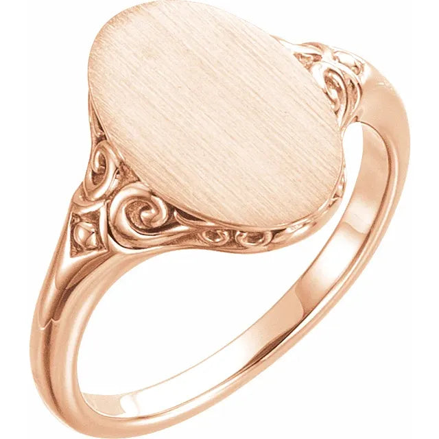 14K Rose 13x9 mm Oval Signet Ring Rose Gold Top View- Luvona